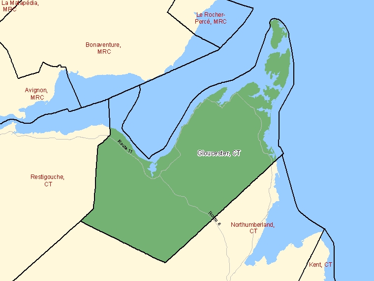 Map: Gloucester, County, Census Division (shaded in green), New Brunswick