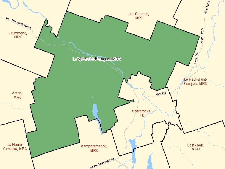 Map: Le Val-Saint-François, Municipalité régionale de comté, Census Division (shaded in green), Quebec