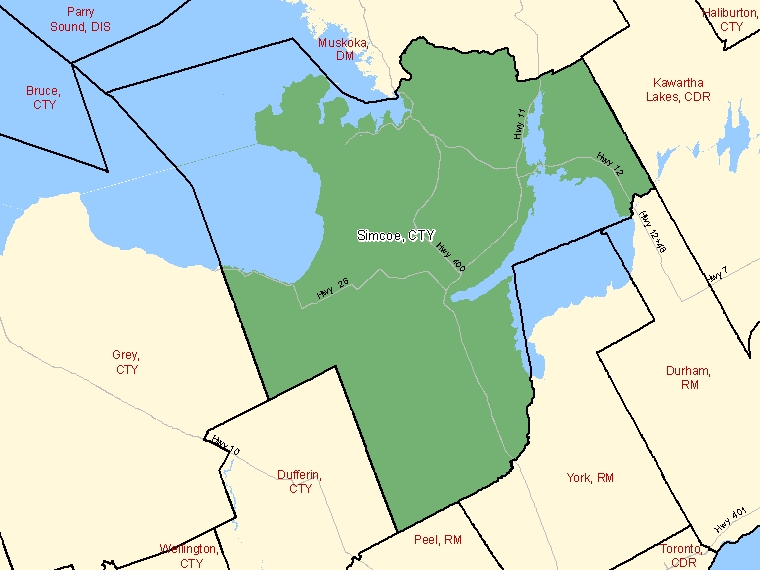 Map: Simcoe, County, Census Division (shaded in green), Ontario