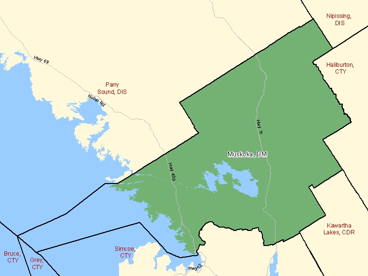 Map: Muskoka, District municipality, Census Division (shaded in green), Ontario