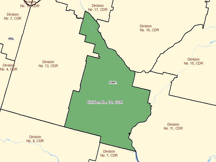 Map: Division No. 12, Census division, Census Division (shaded in green), Saskatchewan