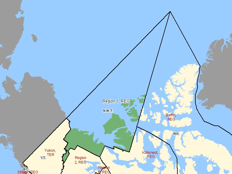 Map: Region 1, Region, Census Division (shaded in green), Northwest Territories
