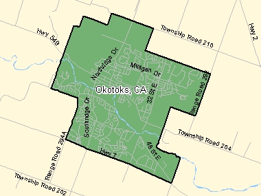 Map of Okotoks, CA (shaded in green), Alberta
