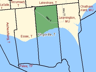 Map of Kingsville, T (shaded in green), Ontario