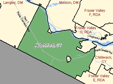 Map of Abbotsford, CY (shaded in green), British Columbia