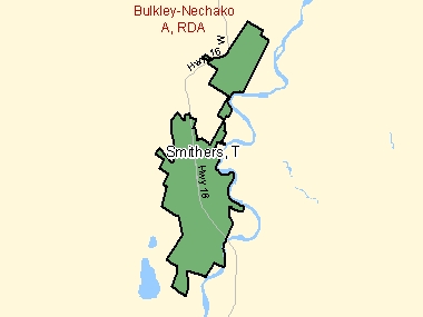 Map of Smithers, T (shaded in green), British Columbia