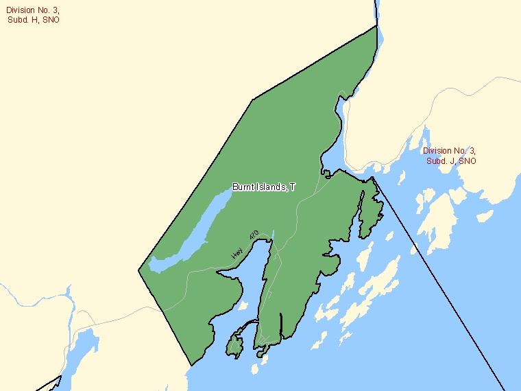 Map: Burnt Islands, Town, Census Subdivision (shaded in green), Newfoundland and Labrador