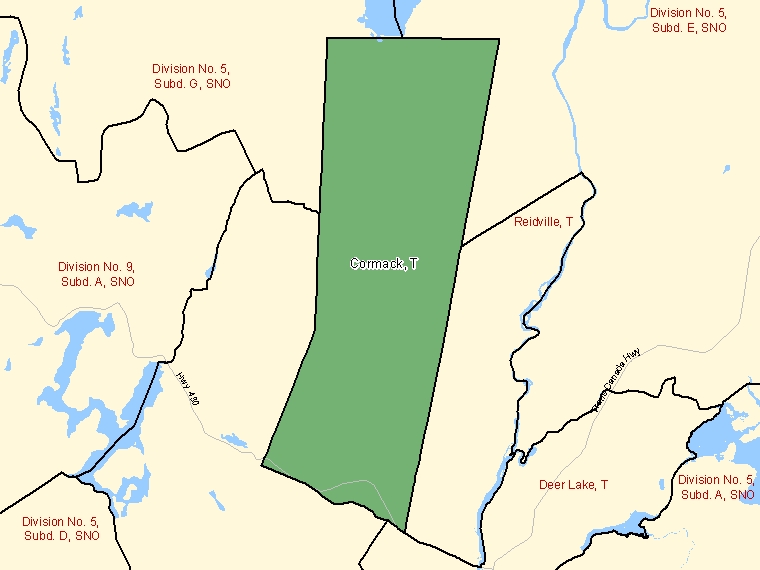 Map: Cormack, Town, Census Subdivision (shaded in green), Newfoundland and Labrador