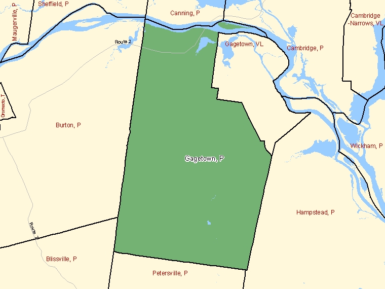 Map: Gagetown, Parish, Census Subdivision (shaded in green), New Brunswick