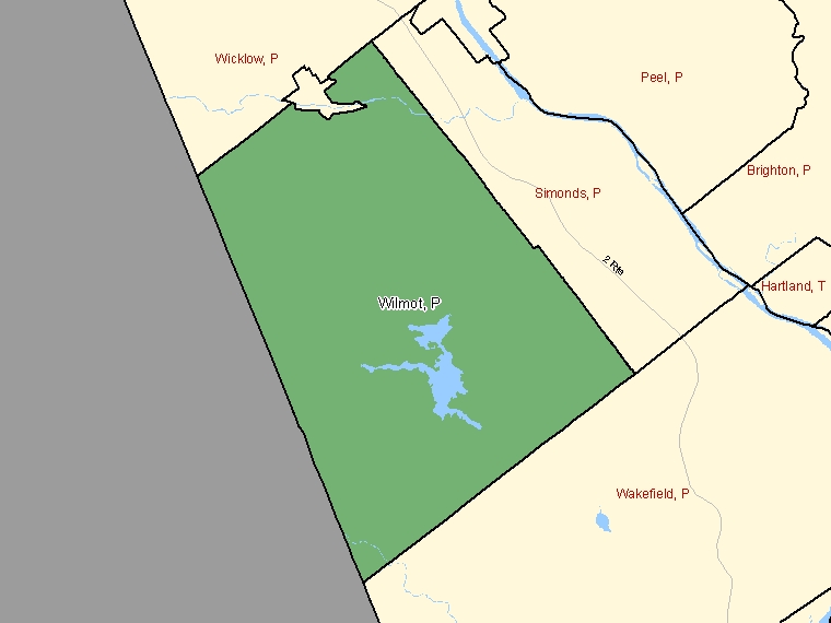 Map: Wilmot, Parish, Census Subdivision (shaded in green), New Brunswick