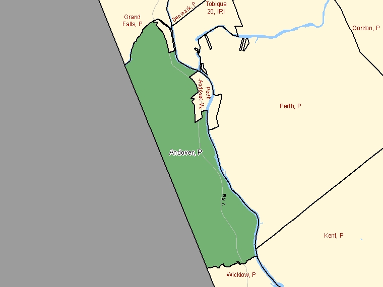 Map: Andover, Parish, Census Subdivision (shaded in green), New Brunswick