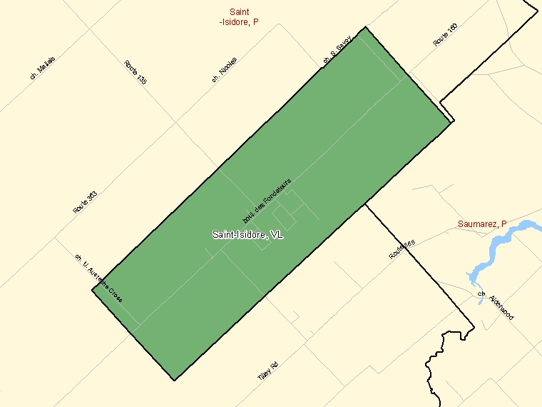 Map: Saint-Isidore, Village, Census Subdivision (shaded in green), New Brunswick