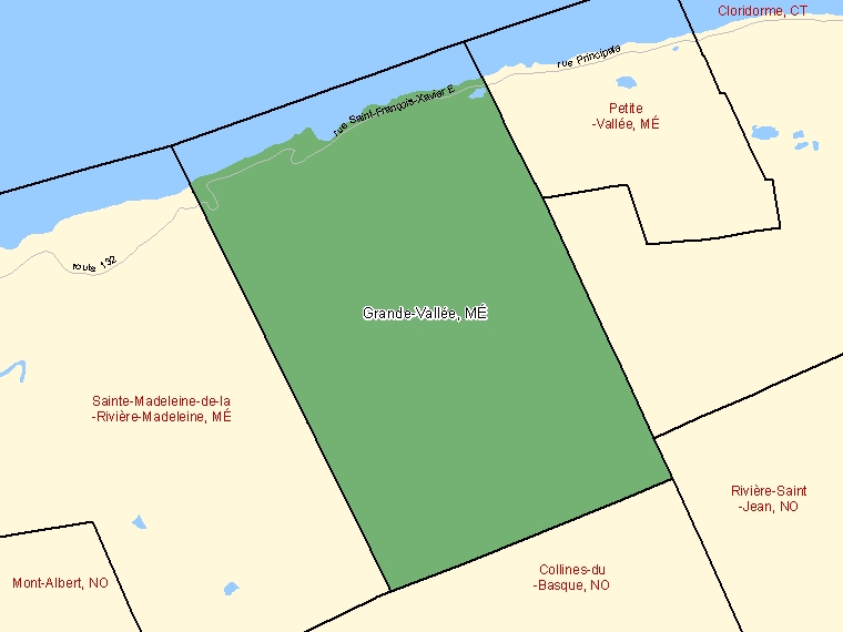 Map: Grande-Vallée, Municipalité, Census Subdivision (shaded in green), Quebec