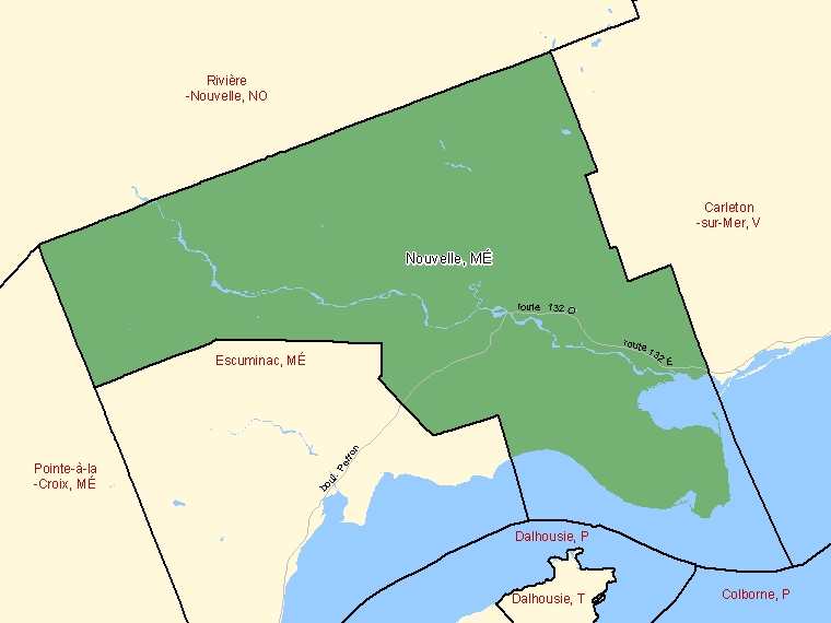 Map: Nouvelle, Municipalité, Census Subdivision (shaded in green), Quebec