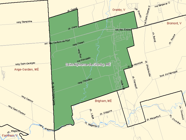 Map: Saint-Alphonse-de-Granby, Municipalité, Census Subdivision (shaded in green), Quebec