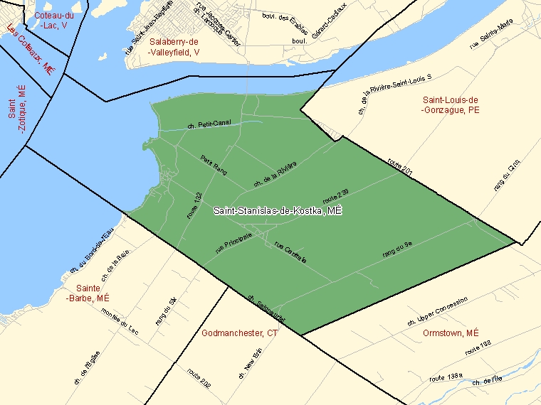 Map: Saint-Stanislas-de-Kostka, Municipalité, Census Subdivision (shaded in green), Quebec