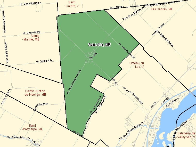 Map: Saint-Clet, Municipalité, Census Subdivision (shaded in green), Quebec
