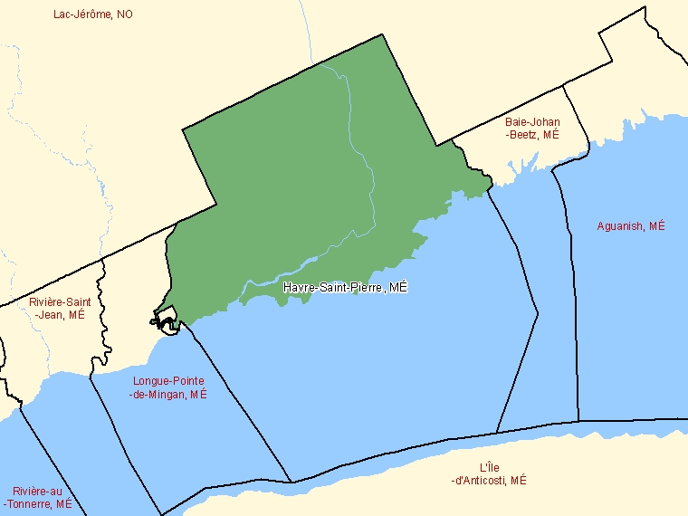Map: Havre-Saint-Pierre, Municipalité, Census Subdivision (shaded in green), Quebec