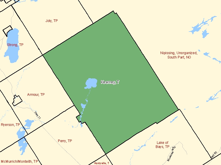 Map: Kearney, Town, Census Subdivision (shaded in green), Ontario