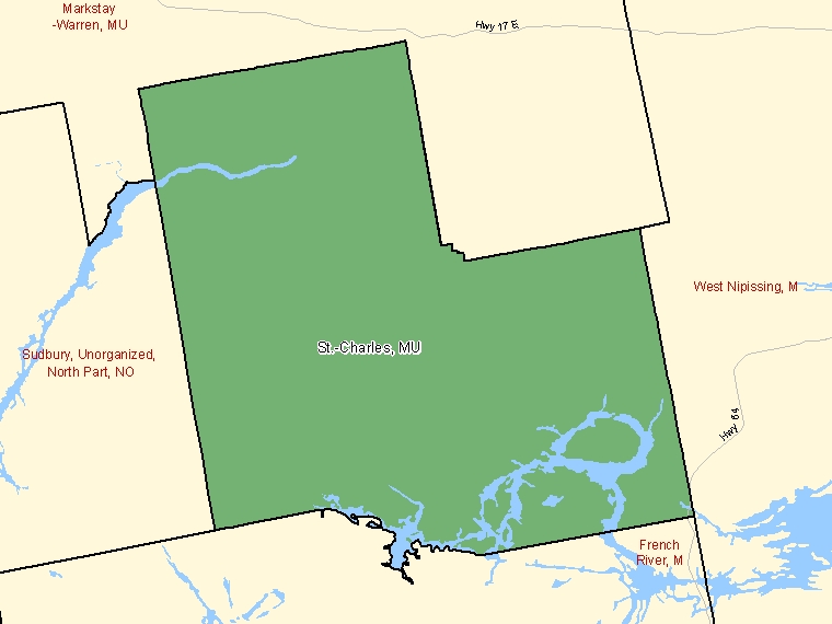 Map: St.-Charles, Municipality, Census Subdivision (shaded in green), Ontario