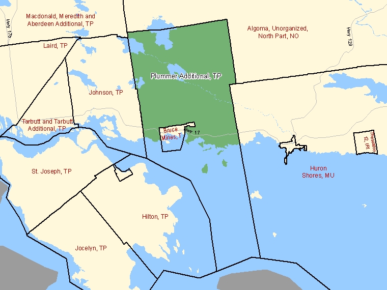 Map: Plummer Additional, Township, Census Subdivision (shaded in green), Ontario
