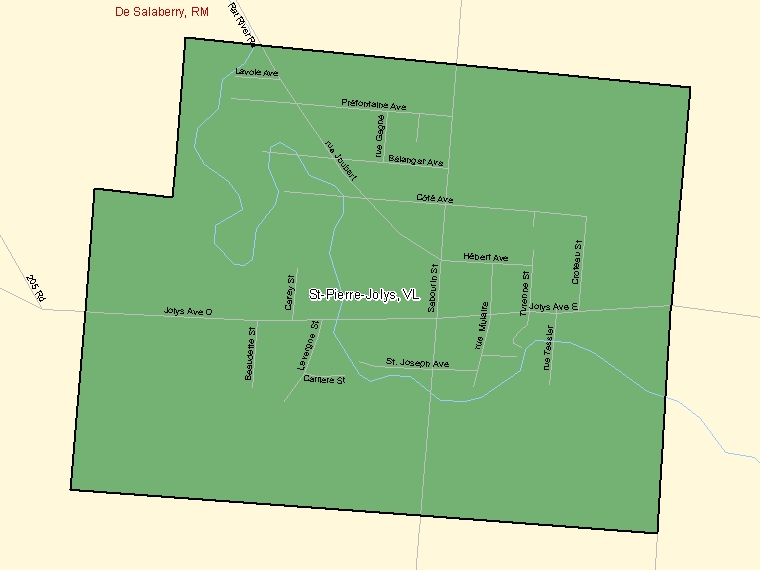 Map: St-Pierre-Jolys, Village, Census Subdivision (shaded in green), Manitoba