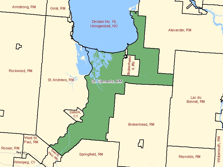 Map: St. Clements, Rural municipality, Census Subdivision (shaded in green), Manitoba