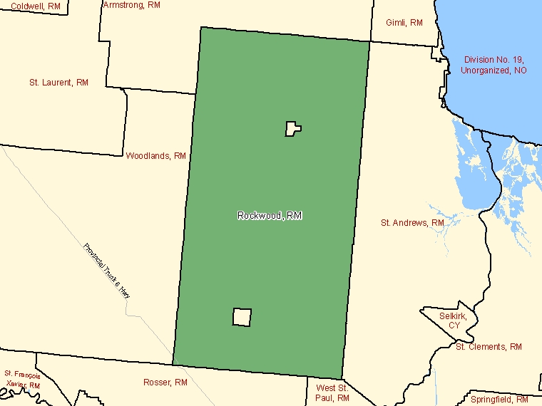 Map: Rockwood, Rural municipality, Census Subdivision (shaded in green), Manitoba