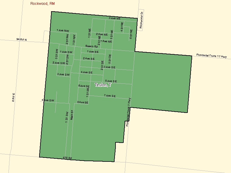 Map: Teulon, Town, Census Subdivision (shaded in green), Manitoba