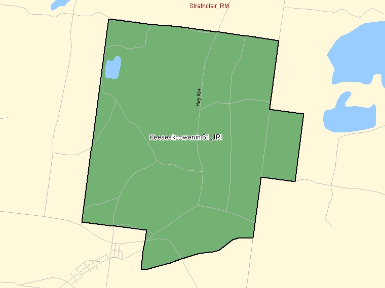Map: Keeseekoowenin 61, Indian reserve, Census Subdivision (shaded in green), Manitoba