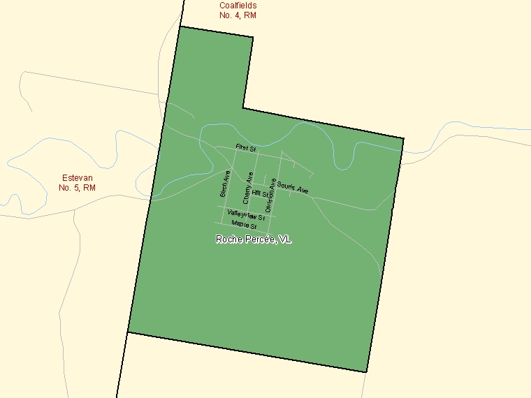 Map: Roche Percée, Village, Census Subdivision (shaded in green), Saskatchewan