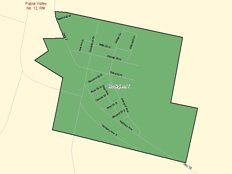 Map: Rockglen, Town, Census Subdivision (shaded in green), Saskatchewan