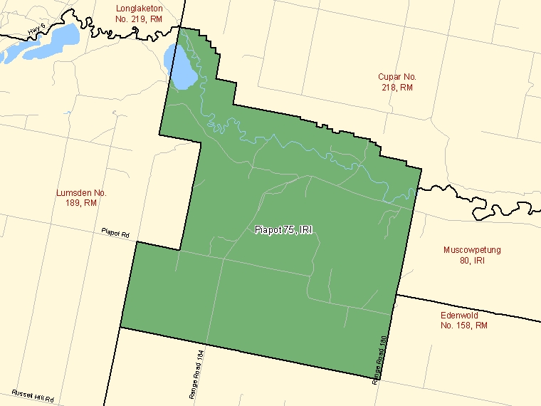 Map: Piapot 75, Indian reserve, Census Subdivision (shaded in green), Saskatchewan