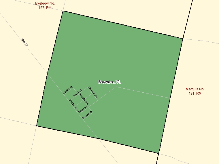 Map: Brownlee, Village, Census Subdivision (shaded in green), Saskatchewan