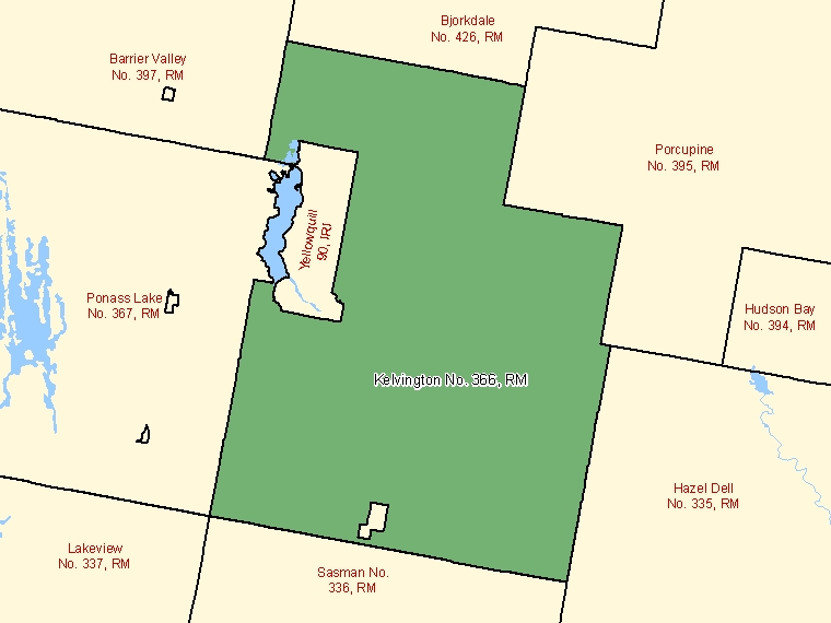 Map: Kelvington No. 366, Rural municipality, Census Subdivision (shaded in green), Saskatchewan