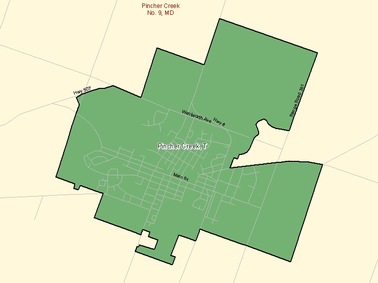 Map: Pincher Creek, Town, Census Subdivision (shaded in green), Alberta