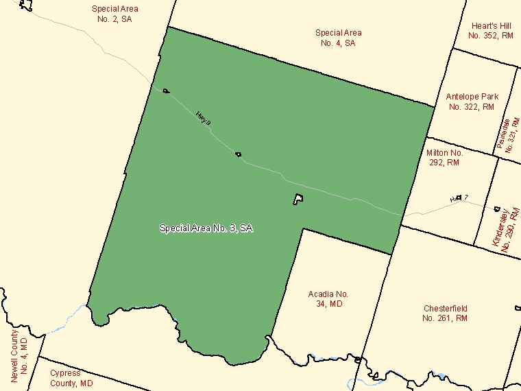 Map: Special Area No. 3, Special area, Census Subdivision (shaded in green), Alberta