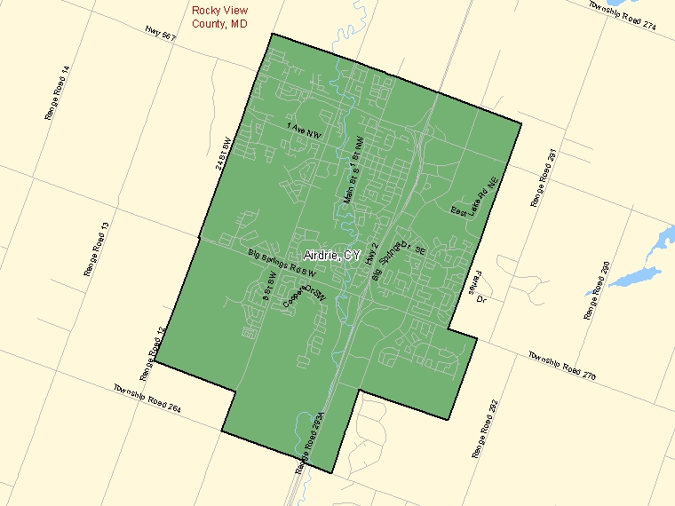 Map: Airdrie, City, Census Subdivision (shaded in green), Alberta
