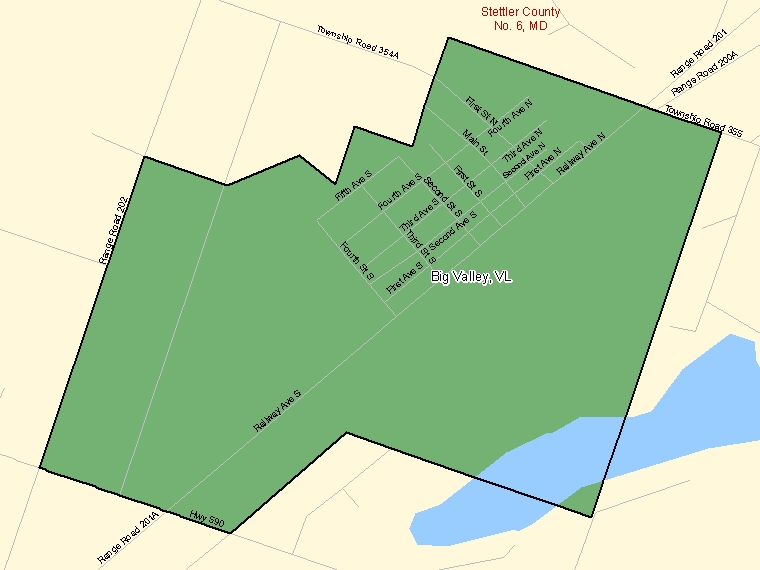 Map: Big Valley, Village, Census Subdivision (shaded in green), Alberta