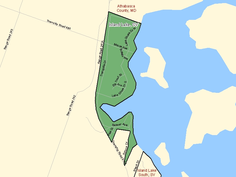 Map: Island Lake, Summer village, Census Subdivision (shaded in green), Alberta