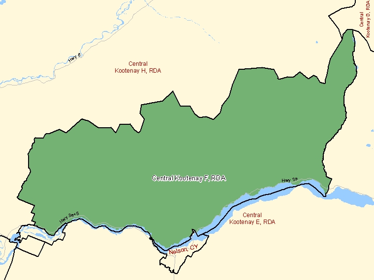 Map: Central Kootenay F, Regional district electoral area, Census Subdivision (shaded in green), British Columbia