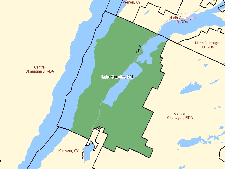 Map: Lake Country, District municipality, Census Subdivision (shaded in green), British Columbia