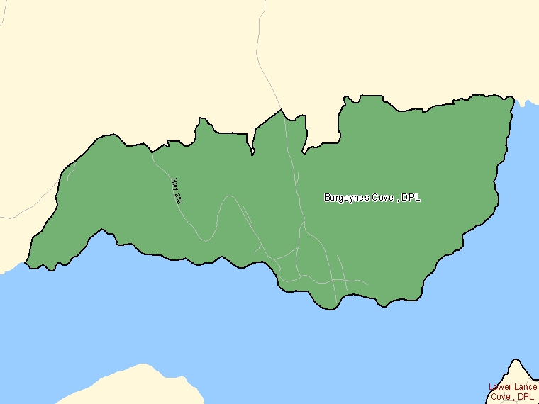 Map: Burgoynes Cove, DPL, Designated Place (shaded in green), Newfoundland and Labrador
