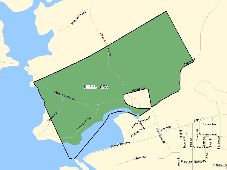 Map: Hillside, CFA, Designated Place (shaded in green), Nova Scotia