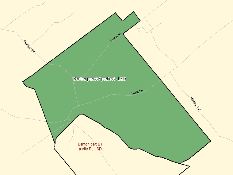 Map: Benton part A / partie A, LSD, Designated Place (shaded in green), New Brunswick