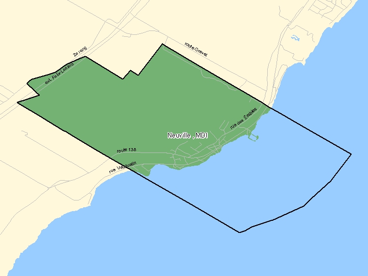 Map: Neuville, MDI, Designated Place (shaded in green), Quebec
