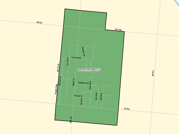 Map: Landmark, LUD, Designated Place (shaded in green), Manitoba