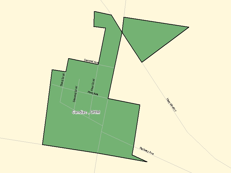 Map: Candiac, OHM, Designated Place (shaded in green), Saskatchewan