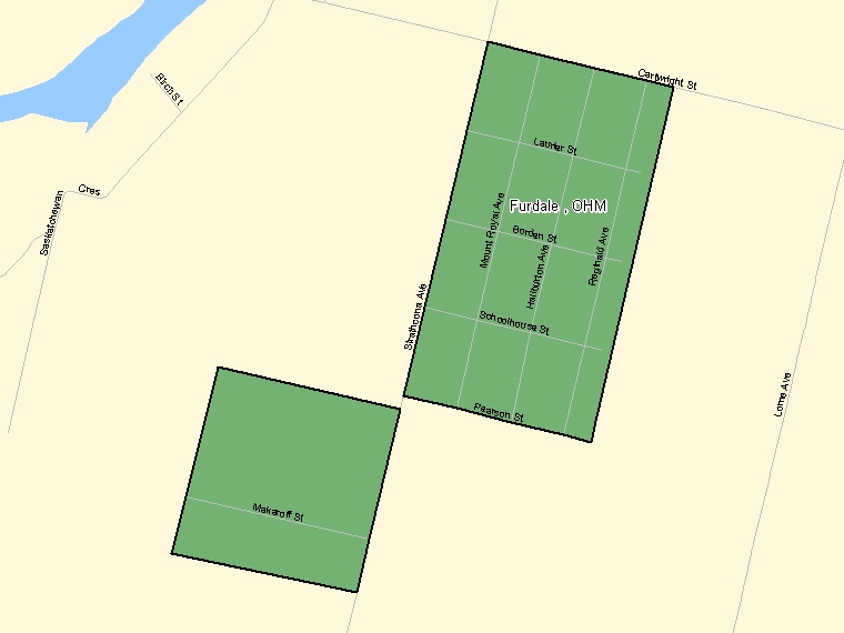 Map: Furdale, OHM, Designated Place (shaded in green), Saskatchewan