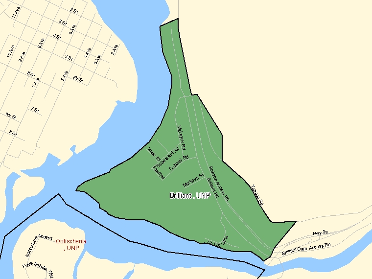 Map: Brilliant, UNP, Designated Place (shaded in green), British Columbia